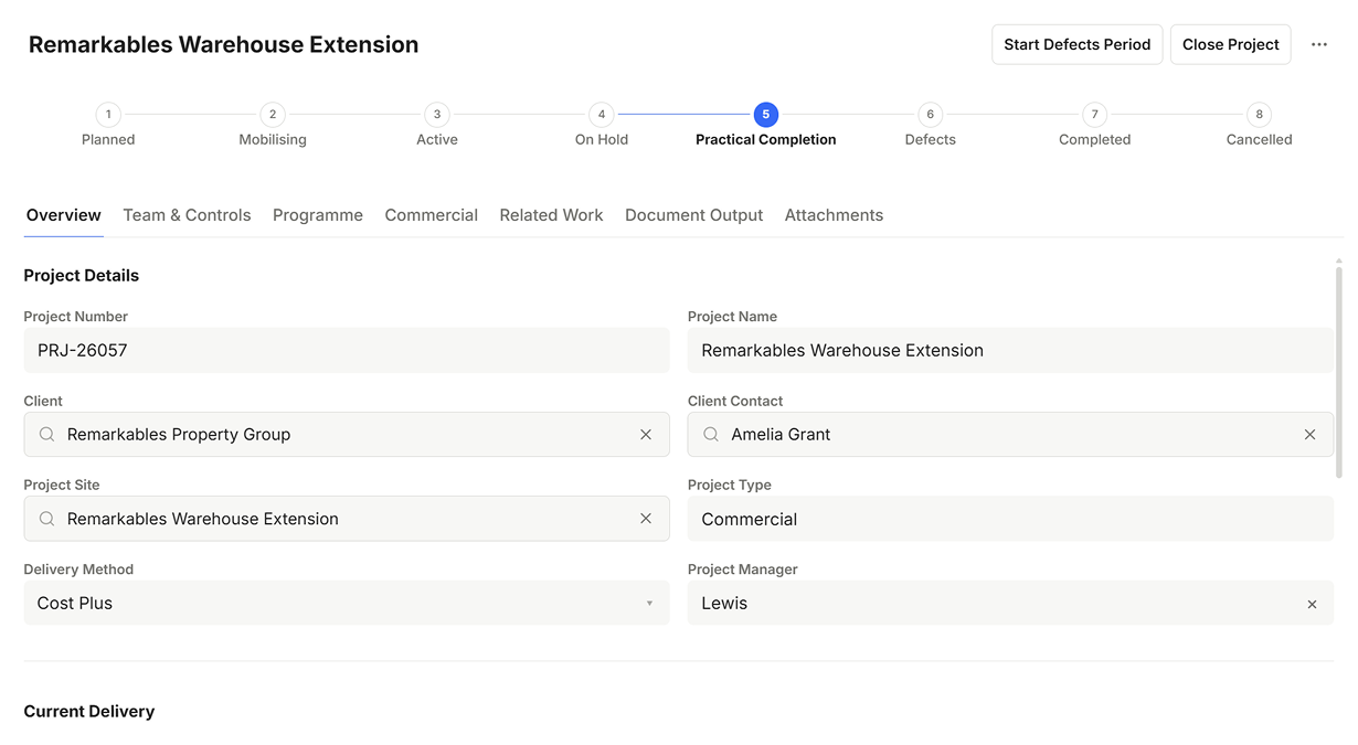 Mekka project record showing linked business data, grouped fields, workflow stages and record actions