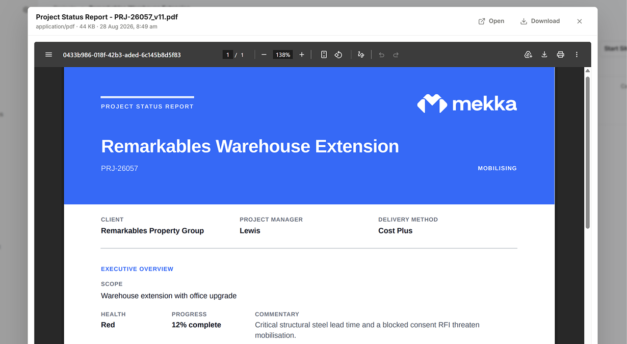 Polished Mekka business document populated from live Octodrop data